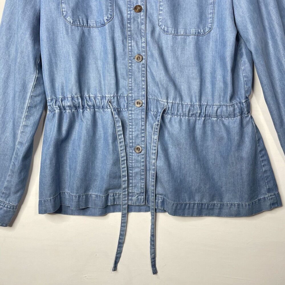 Womens Jacket Top Tie Front Button Lyocell‎ Chambray Denim Roll Tab Sleeve Sz M - Picture 3 of 9
